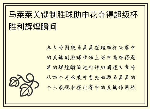 马莱莱关键制胜球助申花夺得超级杯胜利辉煌瞬间 马莱莱关键制胜球助申花夺得超级杯胜利辉煌瞬间